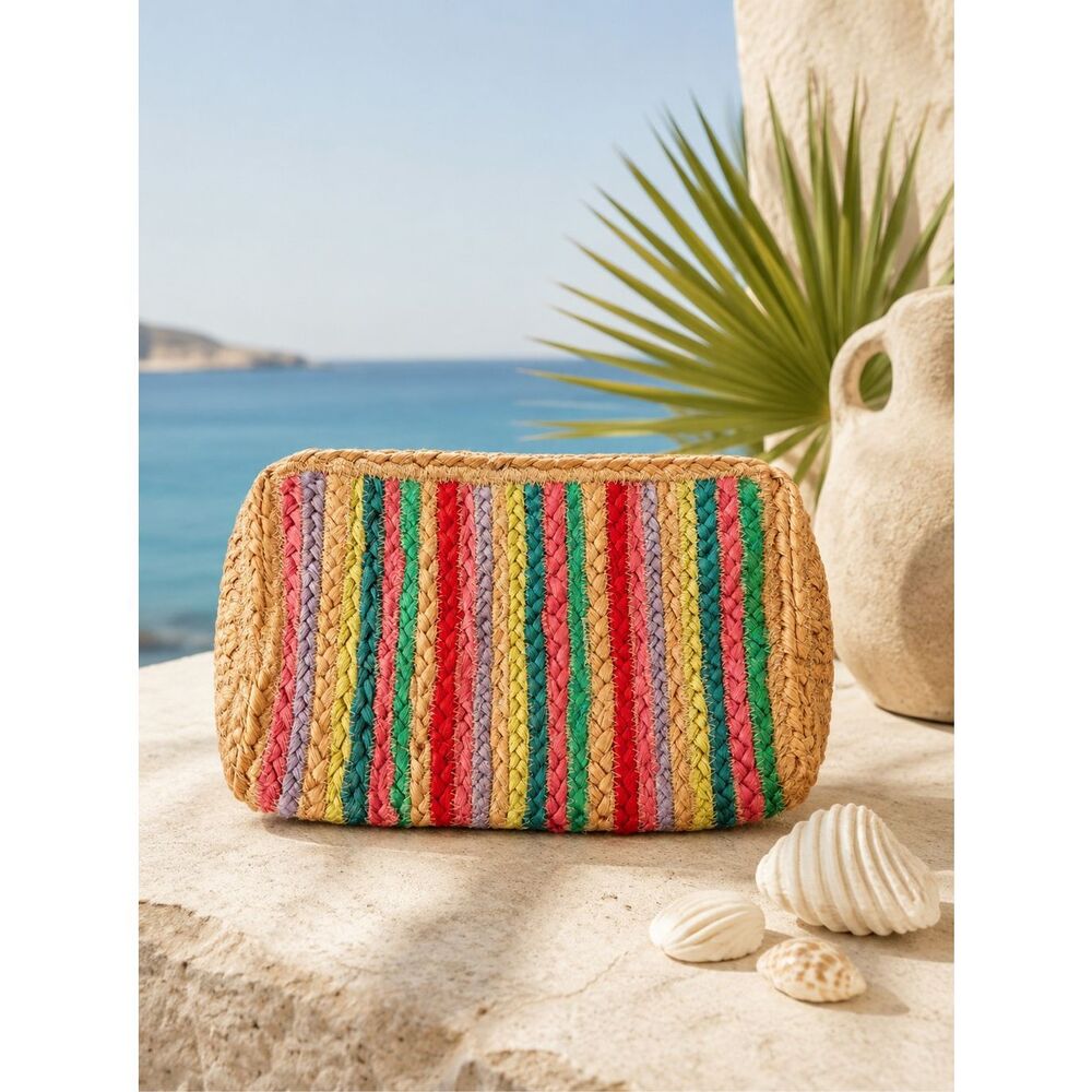 Shiraleah Melia Clutch in Multicolor Jute featuring a striped pattern, coastal b